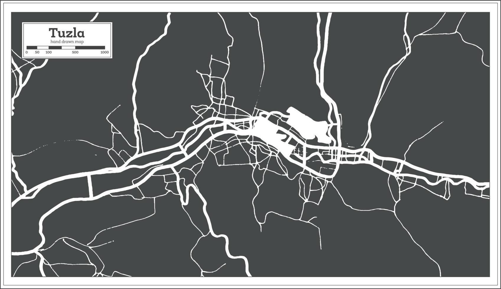 Tuzla Bosnia and Herzegovina City Map in Black and White Color in Retro Style. vector