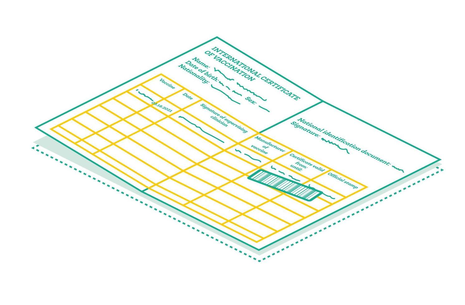certificado internacional de vacunación aislado en blanco - coronavirus covid-19. concepto de esquema isométrico. vector