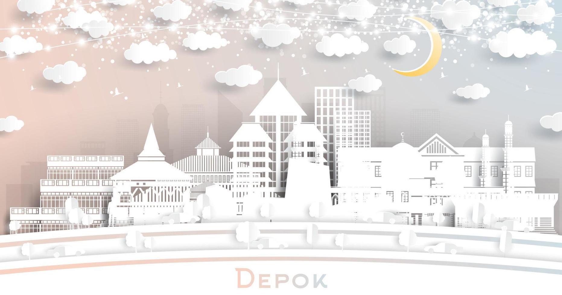 Depok Indonesia City Skyline in Paper Cut Style with White Buildings, Moon and Neon Garland. vector