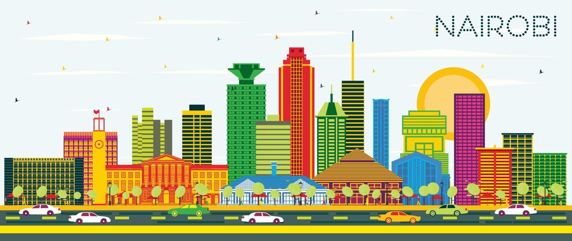 Nairobi Kenya City Skyline with Color Buildings and Blue Sky. vector