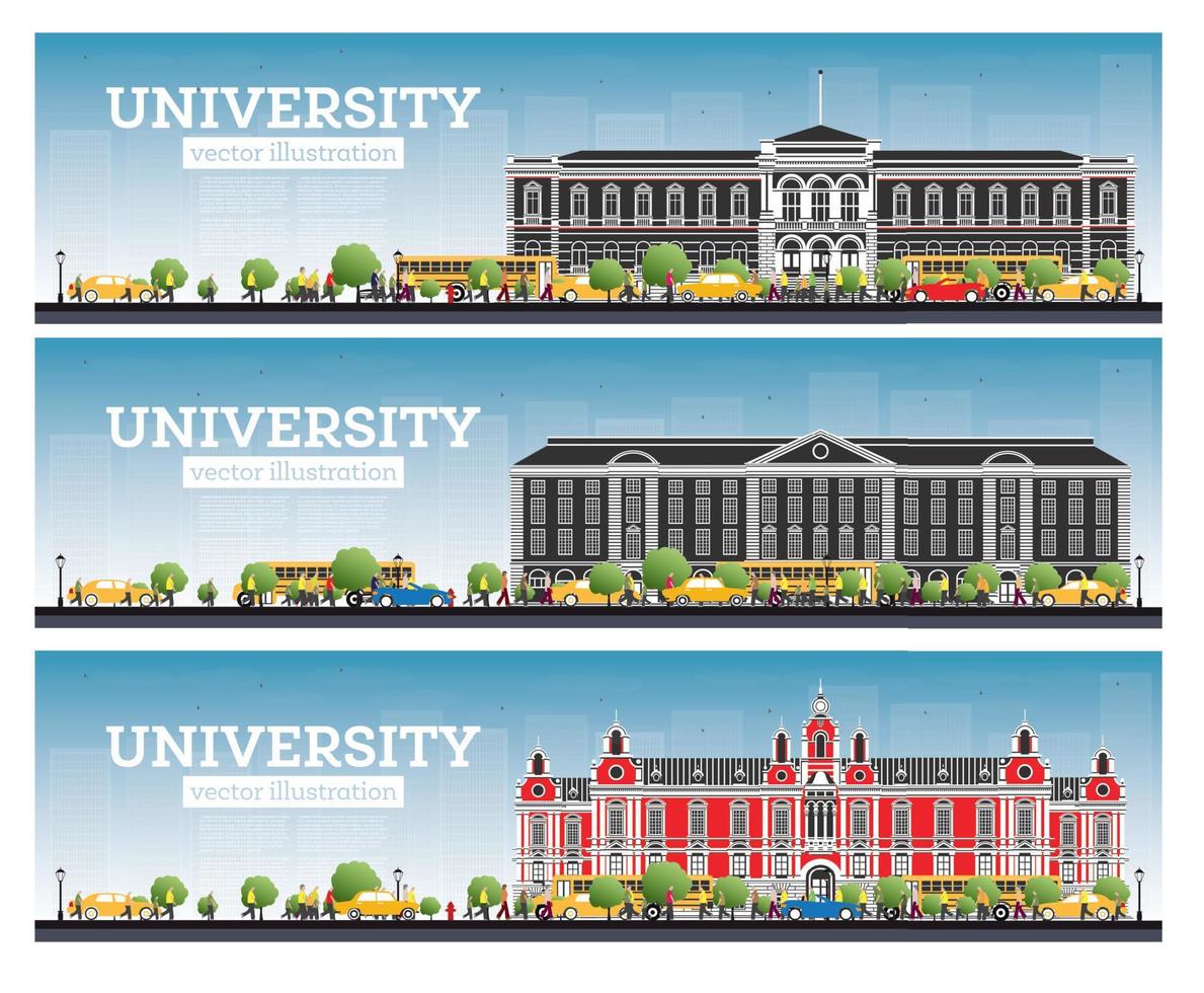 conjunto de campus universitario. estudiar pancartas. ilustración vectorial los estudiantes van al edificio principal de la universidad. vector