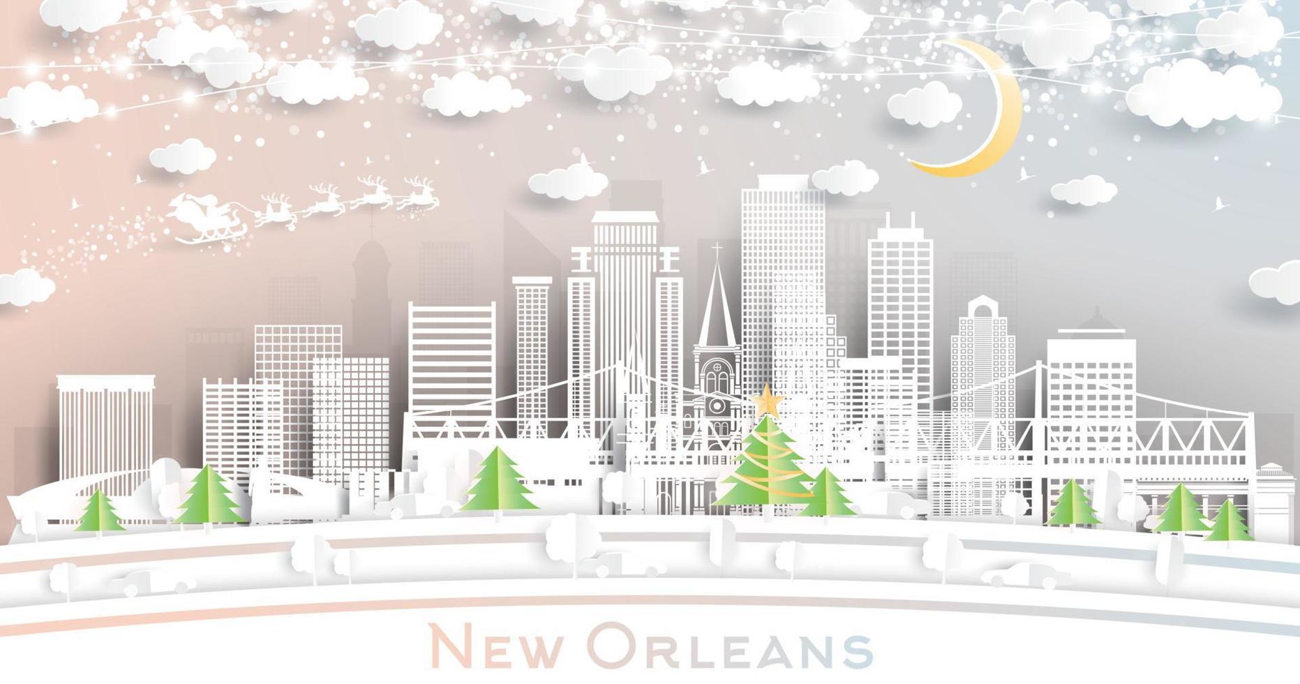 horizonte de la ciudad de nueva orleans louisiana en estilo de corte de papel con copos de nieve, luna y guirnalda de neón. vector