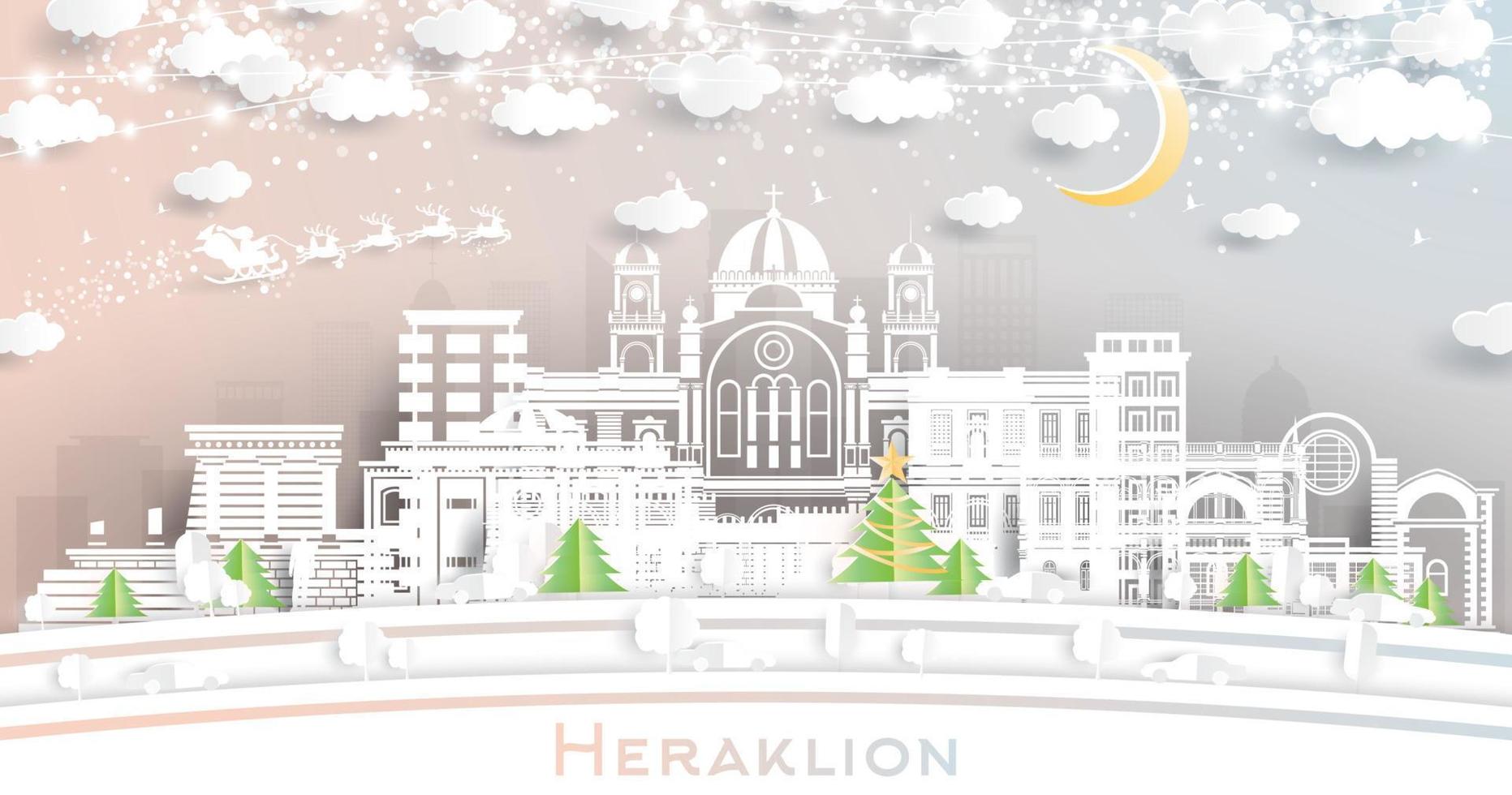 heraklion grecia. horizonte de la ciudad de invierno en estilo de corte de papel con copos de nieve, luna y guirnalda de neón. vector