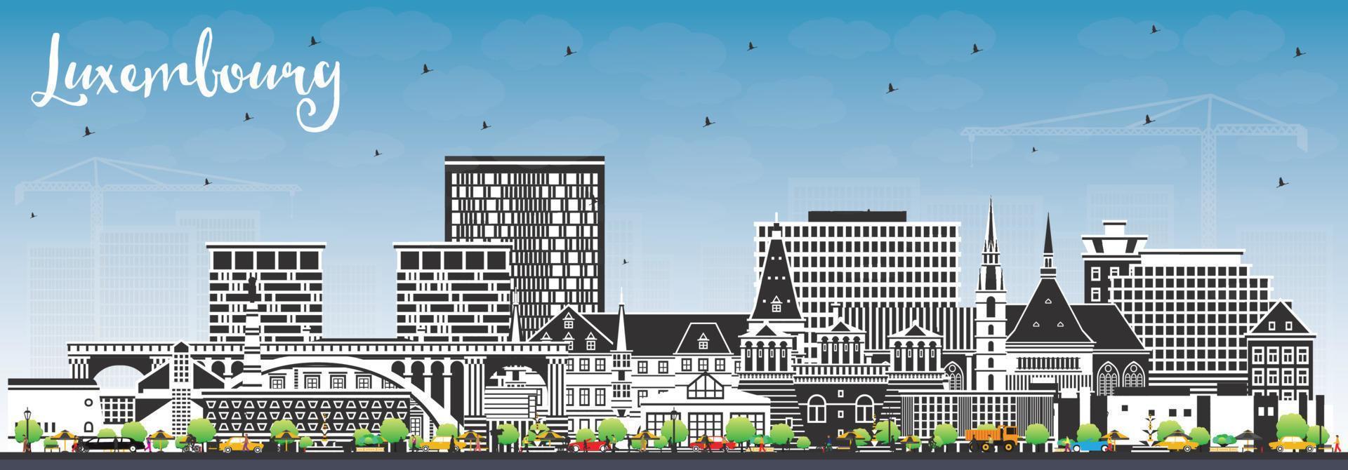 Luxembourg City Skyline with Color Buildings and Blue Sky. vector