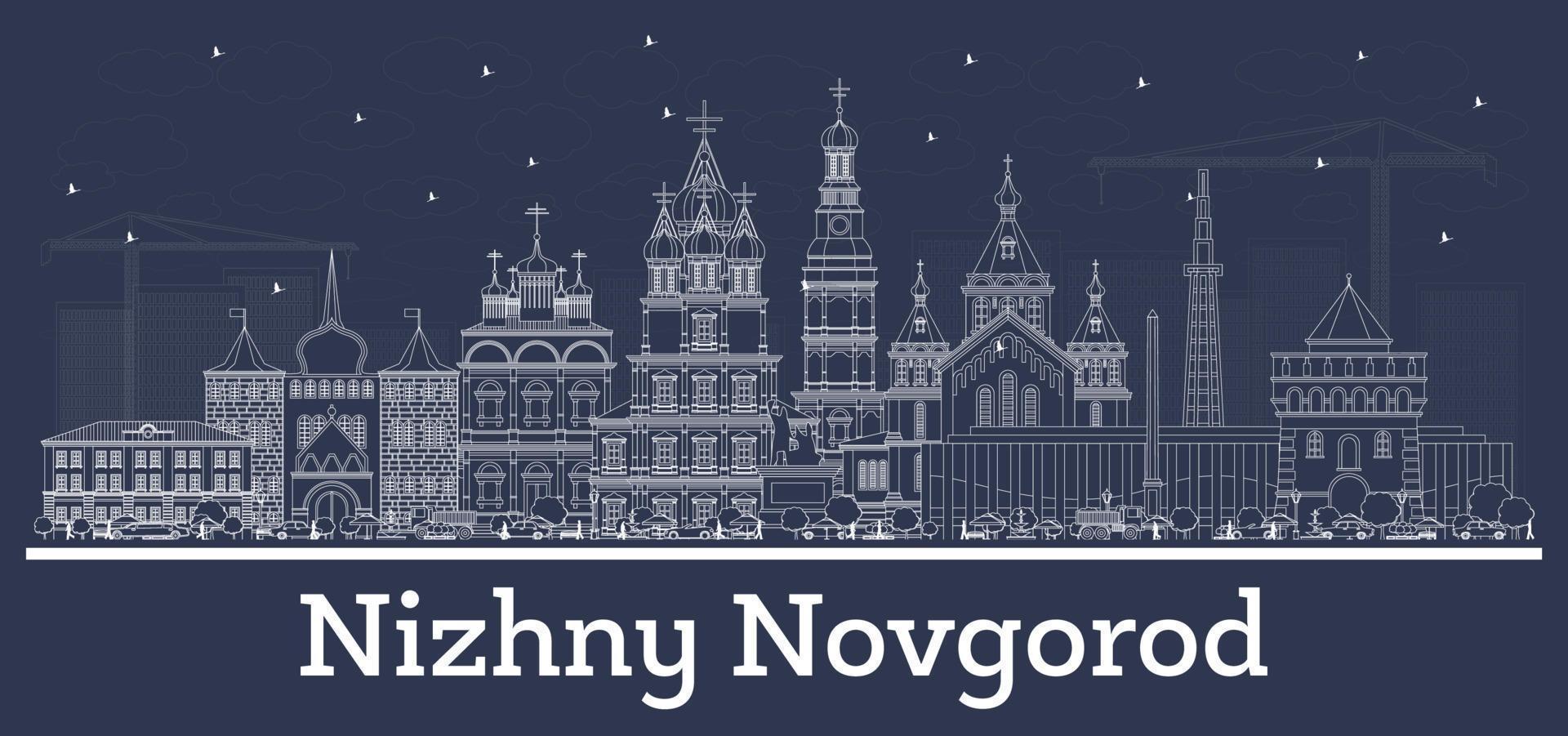 Outline Nizhny Novgorod Russia City Skyline with White Buildings. vector