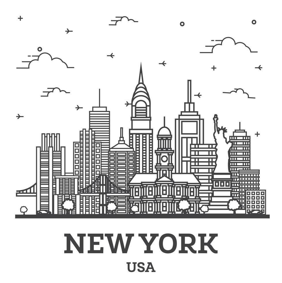 esbozar el horizonte de la ciudad de nueva york usa con edificios modernos aislados en blanco. vector