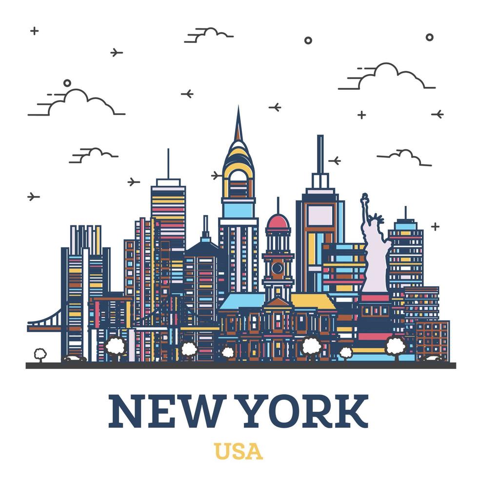 Outline New York USA City Skyline with Modern Colored Buildings Isolated on White. vector