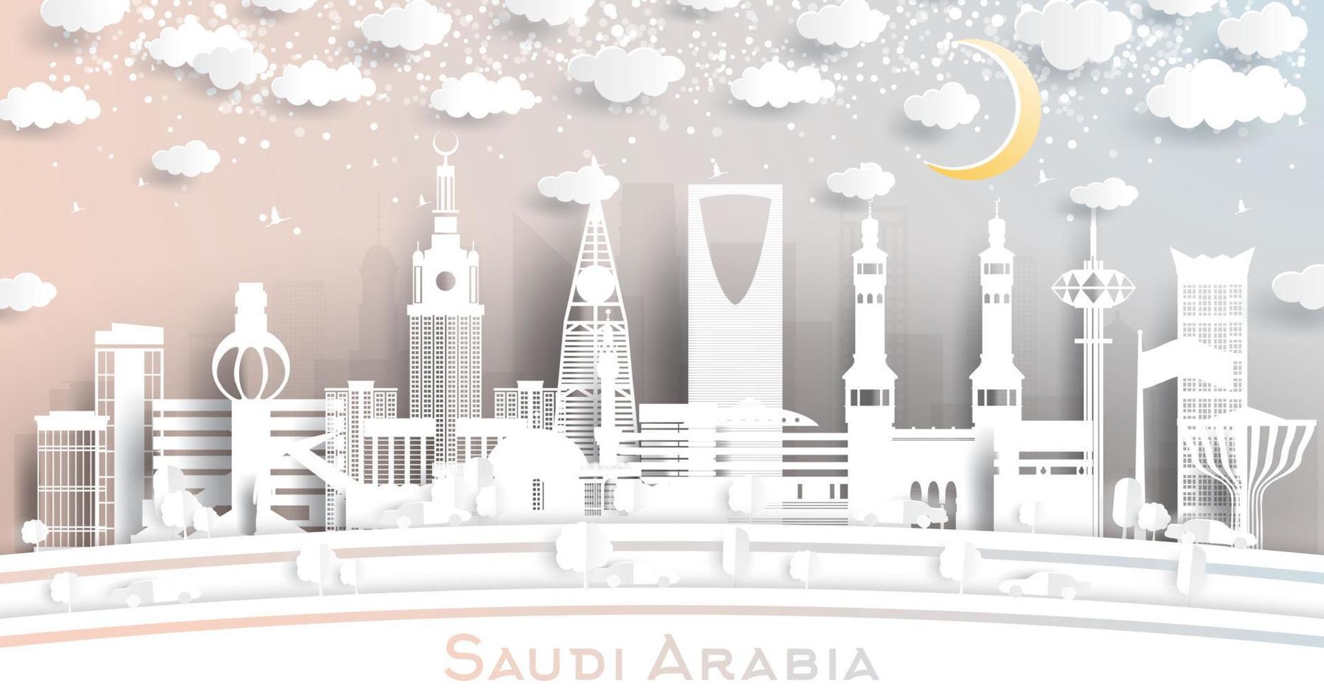 Saudi Arabia City Skyline in Paper Cut Style with Snowflakes, Moon and Neon Garland. vector