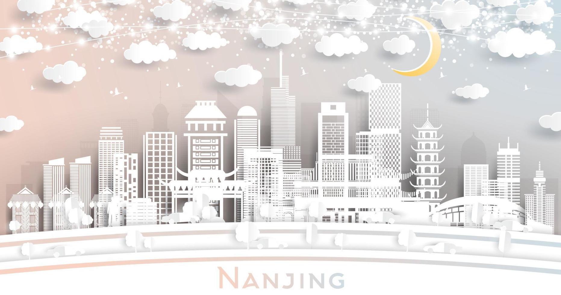 Nanjing China City Skyline in Paper Cut Style with White Buildings, Moon and Neon Garland. vector