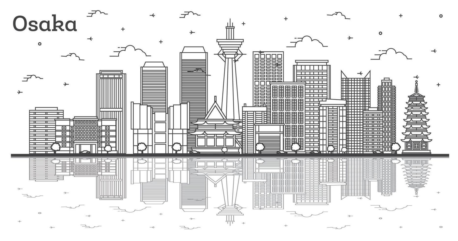 Outline Osaka Japan City Skyline with Modern Buildings and Reflections Isolated on White. vector