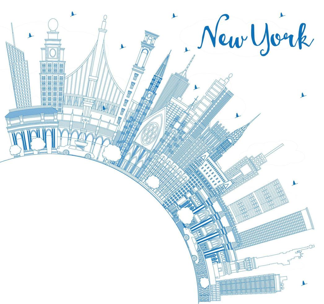 Outline New York USA City Skyline with Blue Buildings and Copy Space. vector