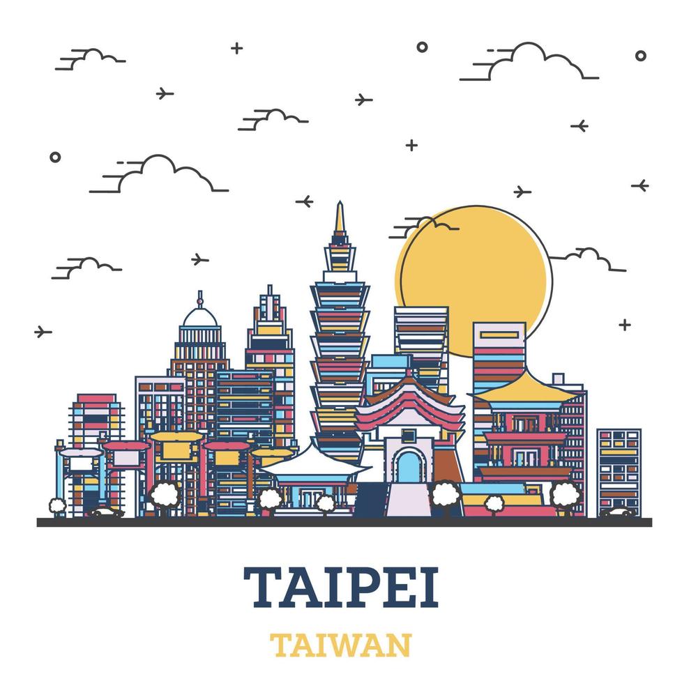 Outline Taipei Taiwan City Skyline with Colored Modern Buildings Isolated on White. vector