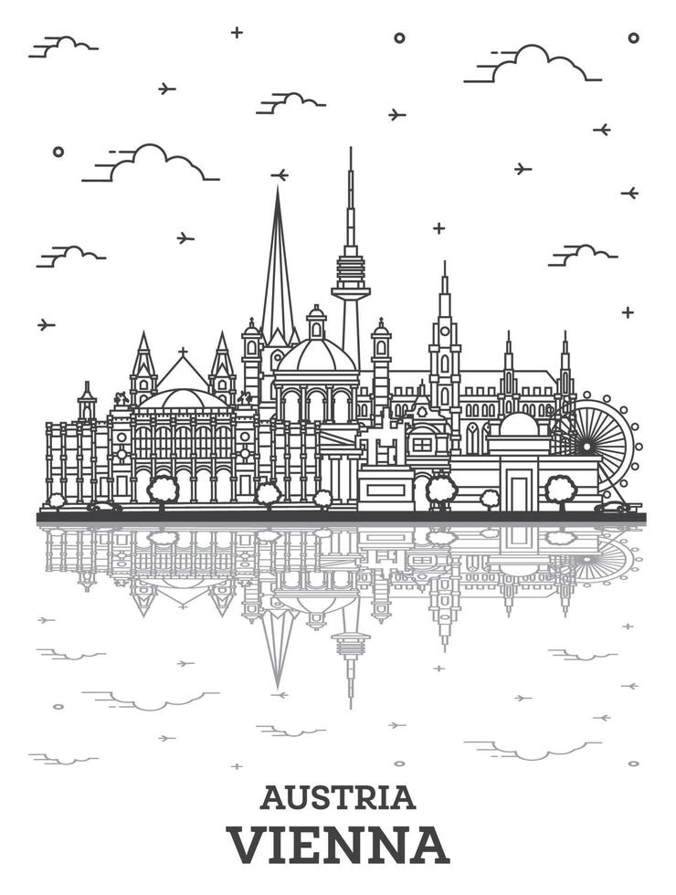 Outline Vienna Austria City Skyline with Historic Buildings and Reflections Isolated on White. vector