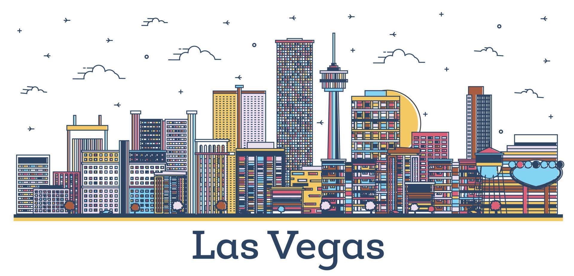 delinear el horizonte de la ciudad de las vegas nevada con modernos edificios de colores aislados en blanco. vector