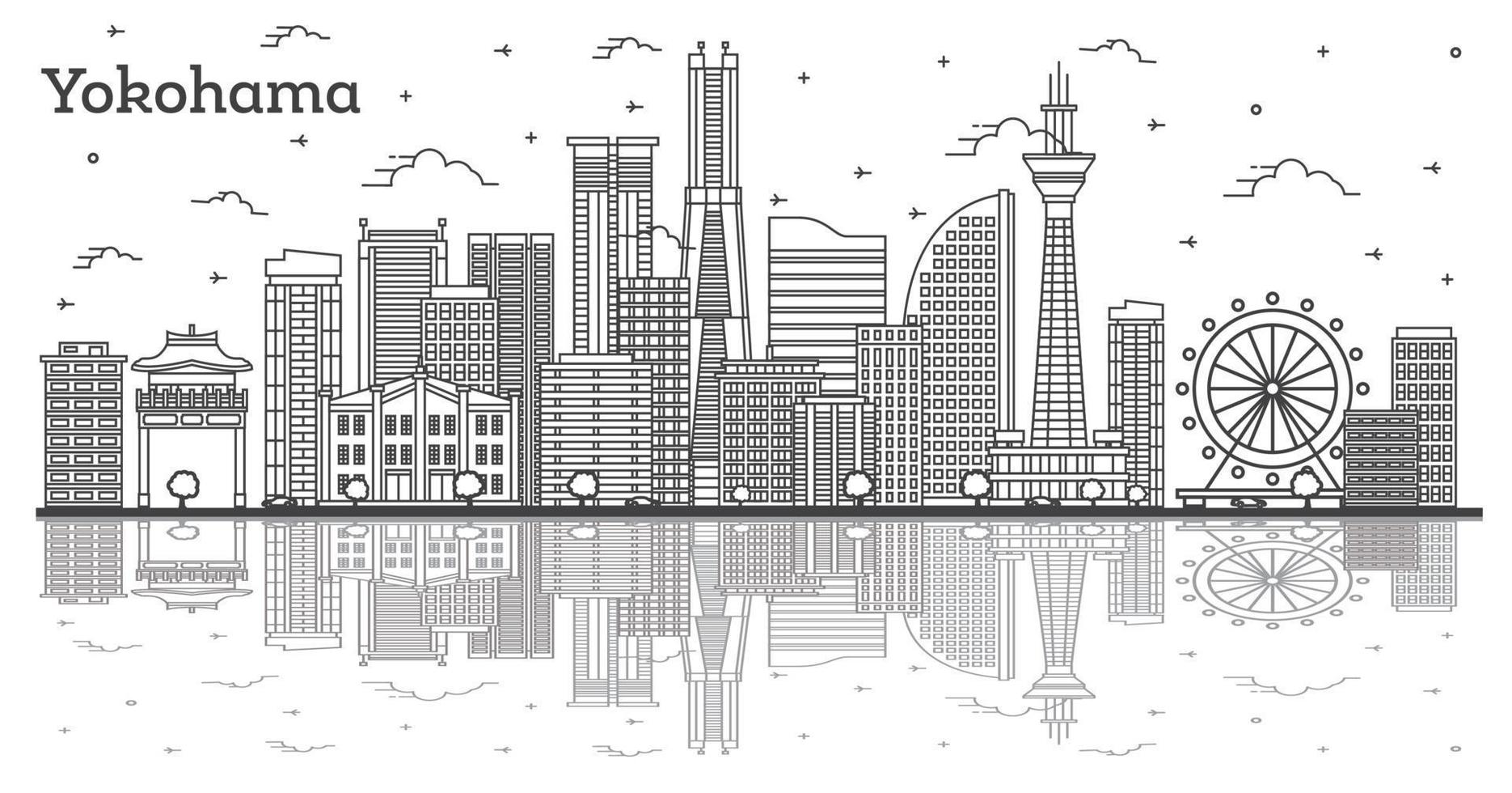 Outline Yokohama Japan City Skyline with Modern Buildings and Reflections Isolated on White. vector