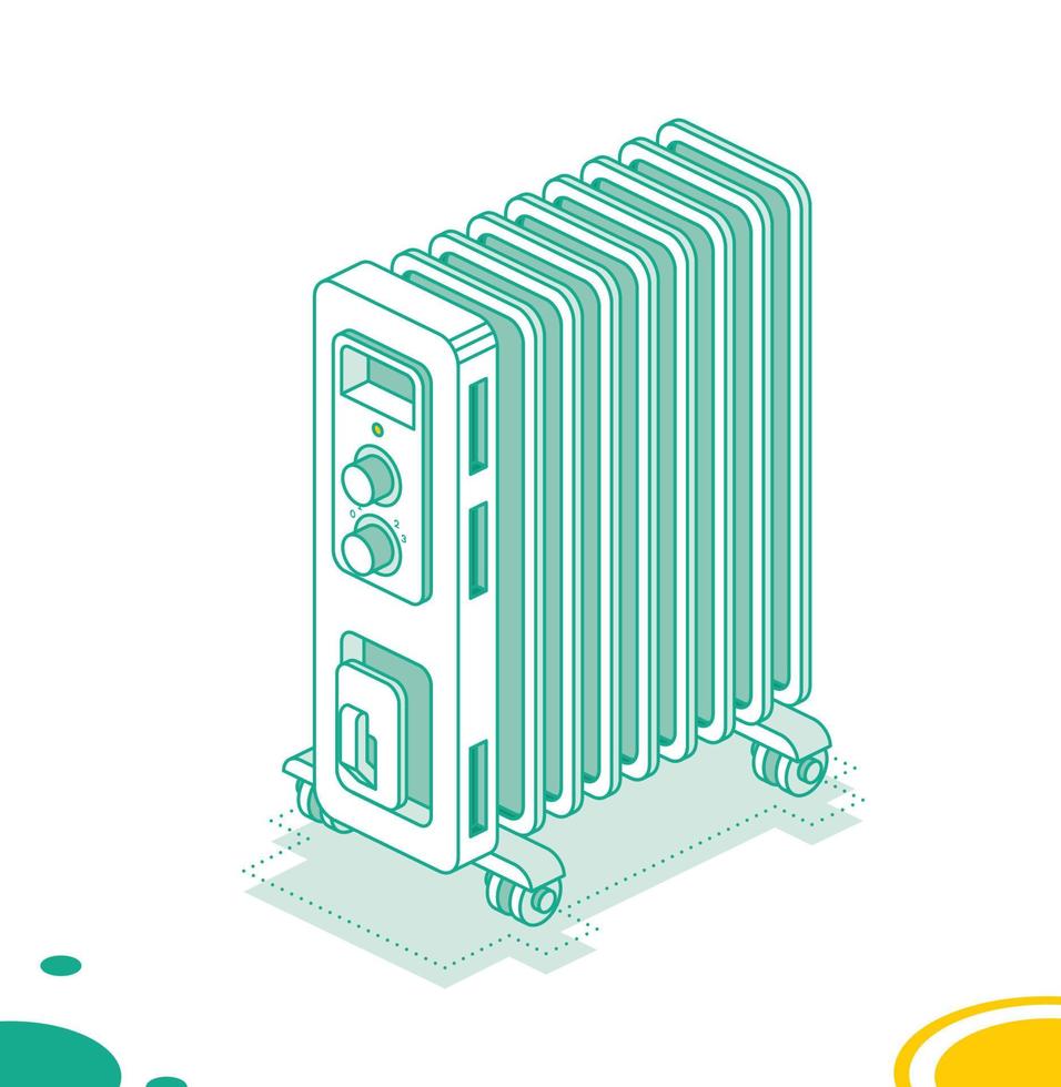 Electric Room Oil Heater. Isometric Outline Concept. Object Isolated on White Background. vector