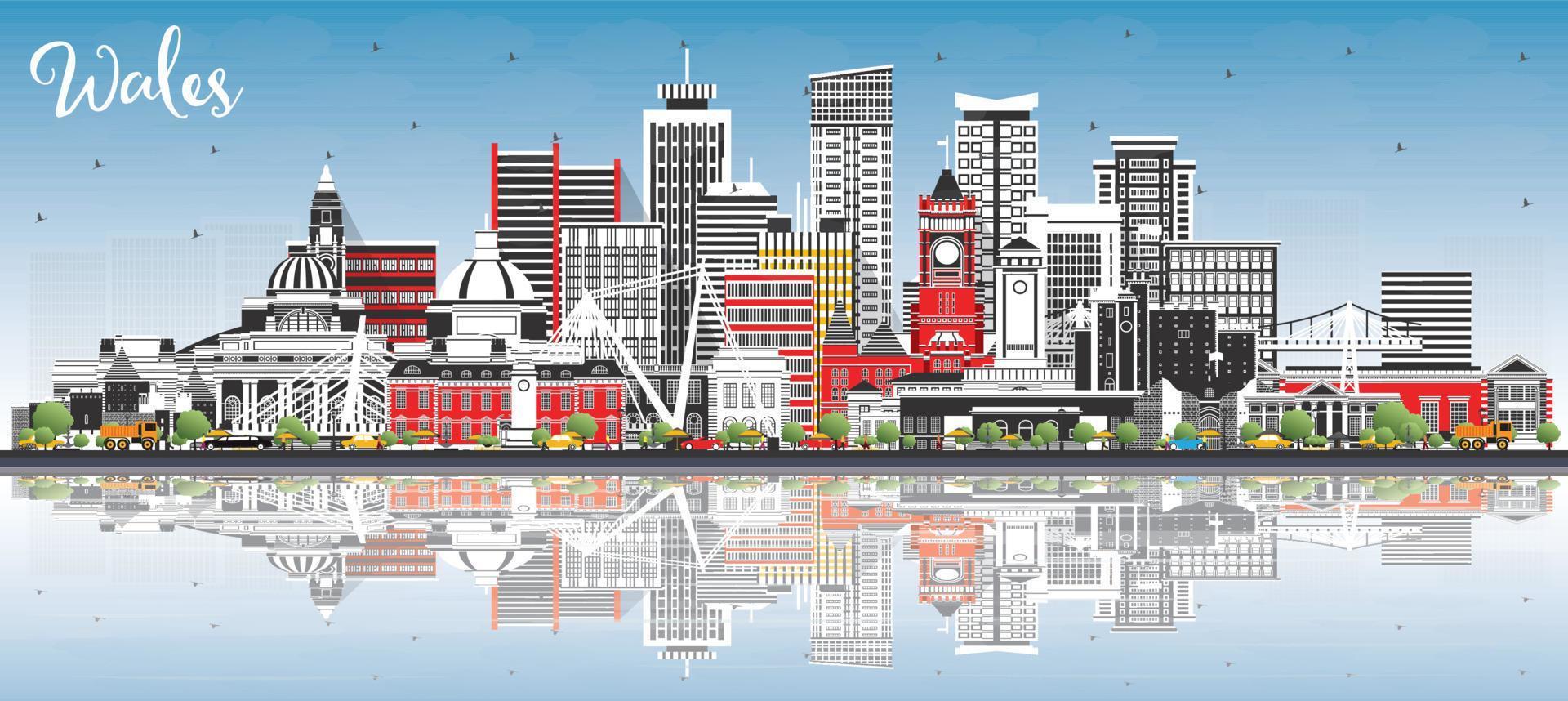Wales City Skyline with Gray Buildings, Blue Sky and Reflections. vector