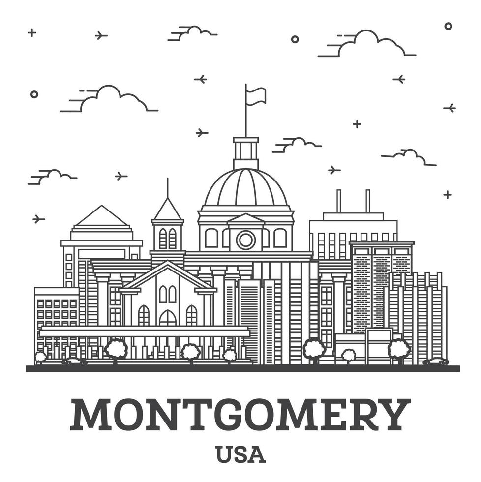 delinear el horizonte de la ciudad de montgomery alabama usa con edificios modernos aislados en blanco. vector