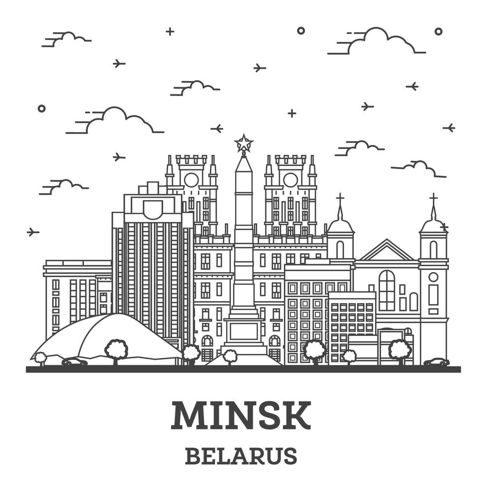 delinear el horizonte de la ciudad de minsk, bielorrusia, con edificios modernos aislados en blanco. vector