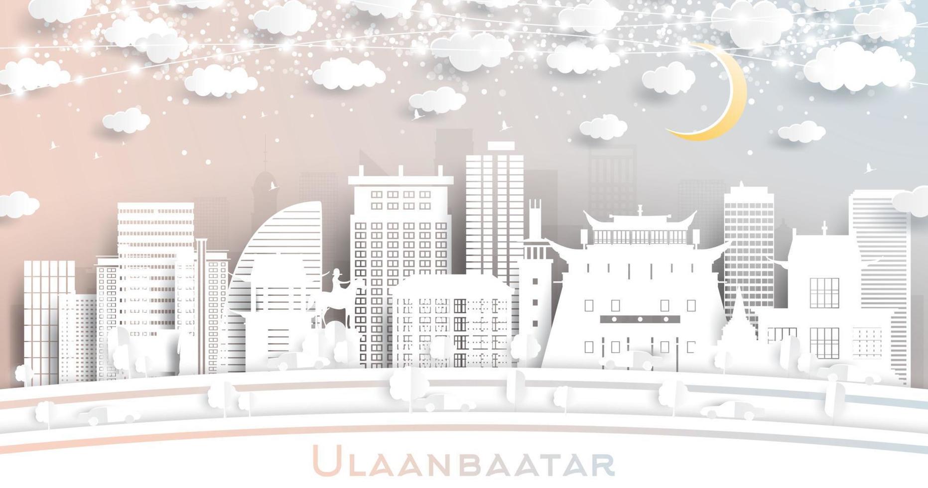 Ulaanbaatar Mongolia City Skyline in Paper Cut Style with Snowflakes, Moon and Neon Garland. vector