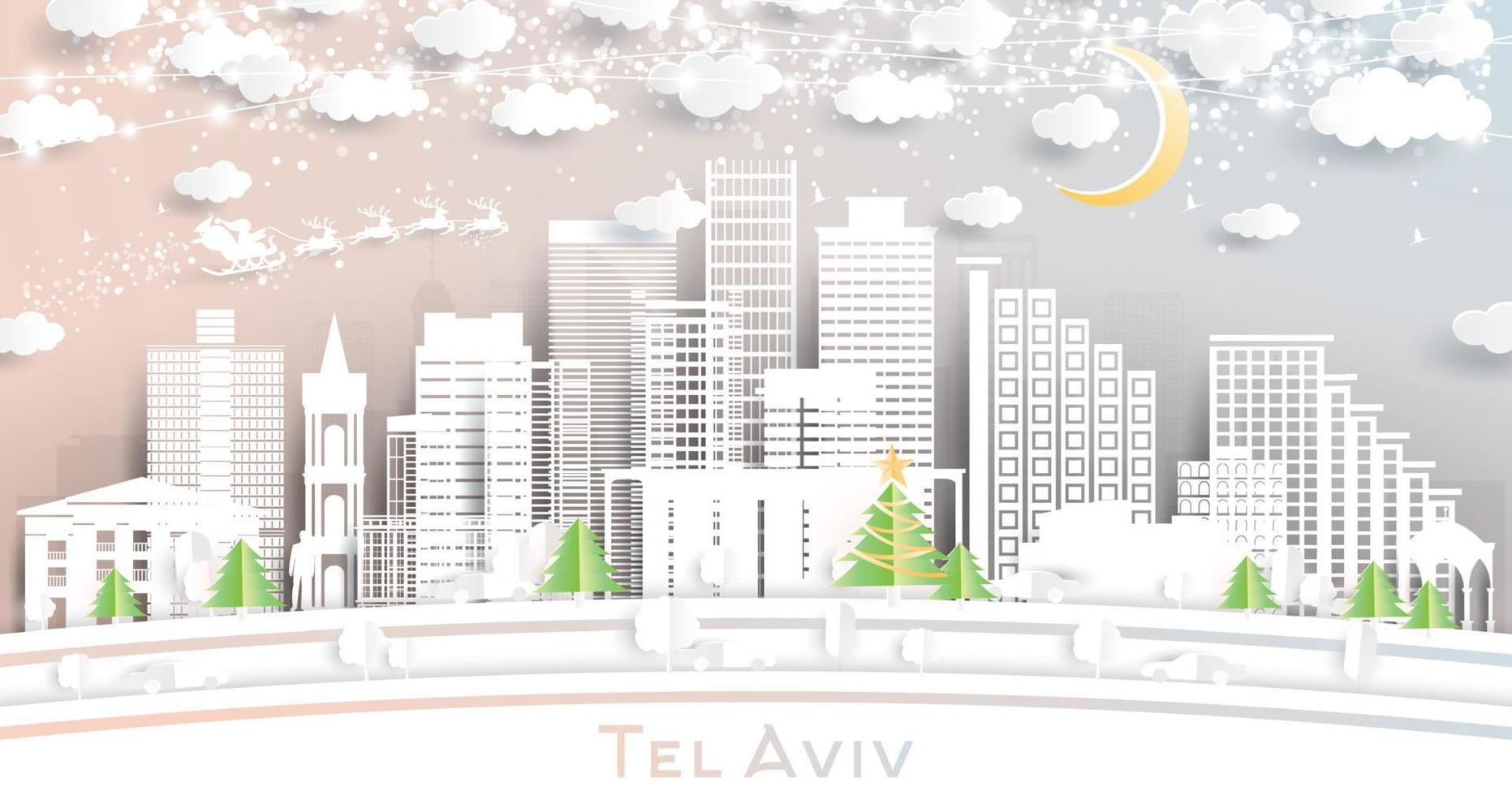 Tel Aviv Israel City Skyline in Paper Cut Style with Snowflakes, Moon and Neon Garland. vector