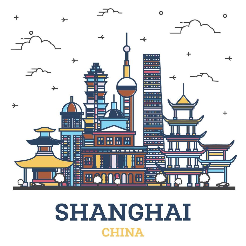Outline Shanghai China City Skyline with Colored Historic Buildings Isolated on White. vector