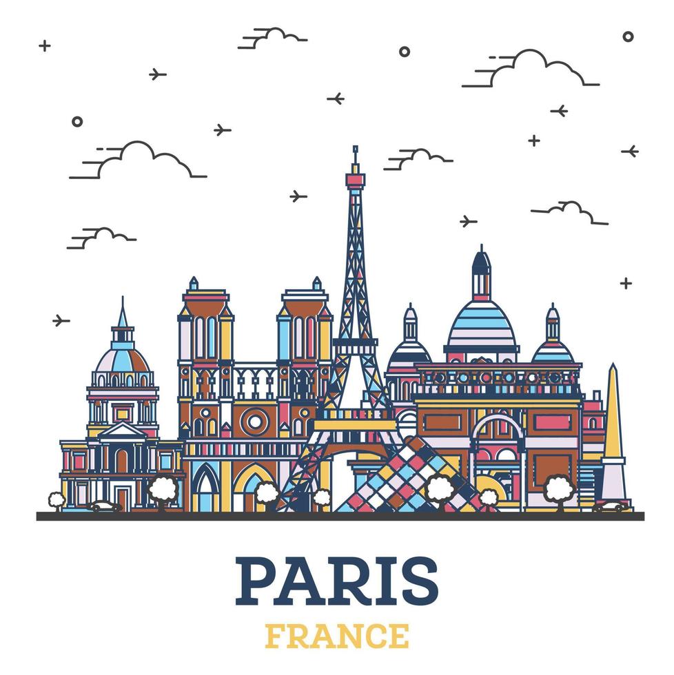 delinear el horizonte de la ciudad de parís francia con edificios históricos de colores aislados en blanco. vector