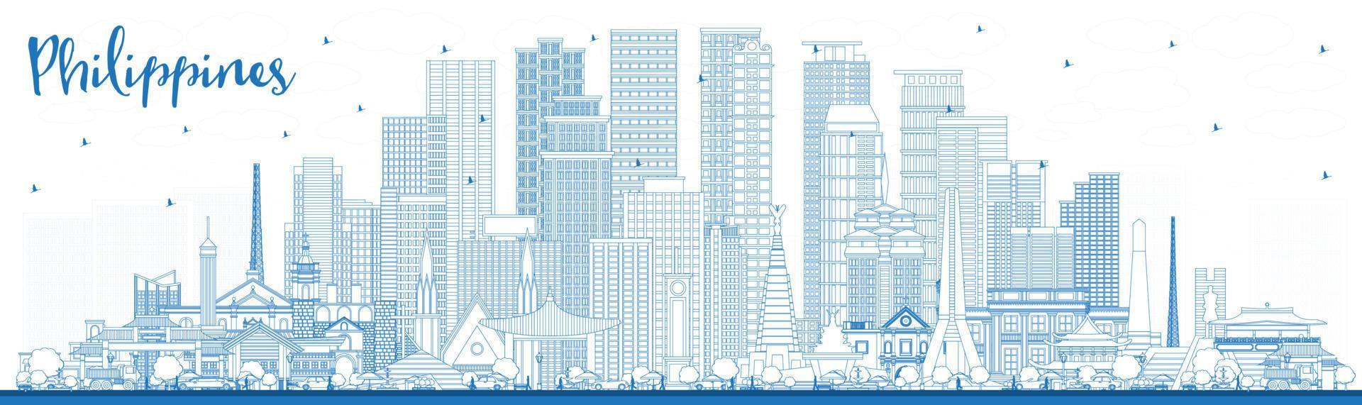 Outline Philippines City Skyline with Blue Buildings. vector