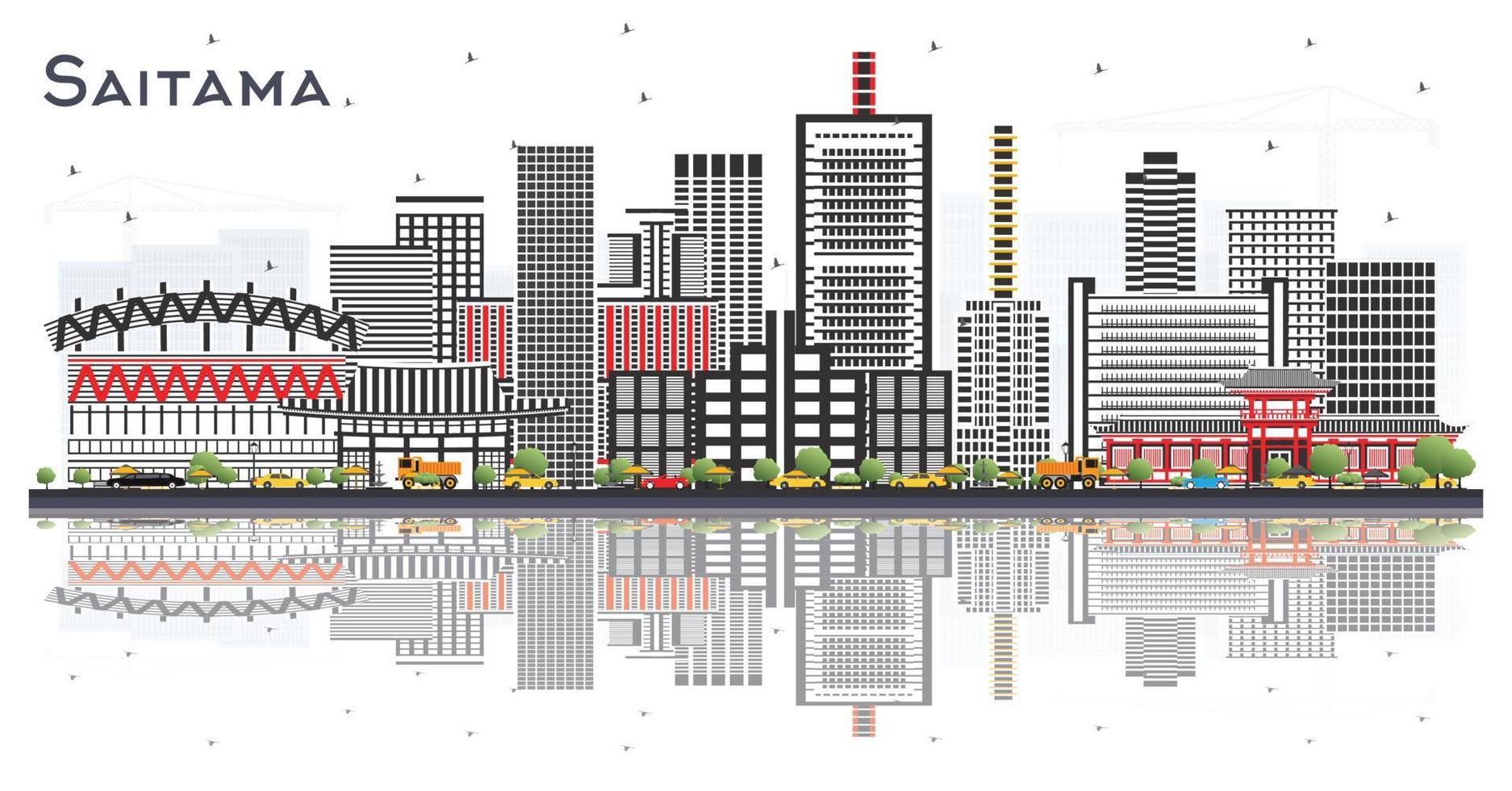 horizonte de la ciudad de saitama japón con edificios de color y reflejos aislados en blanco. vector