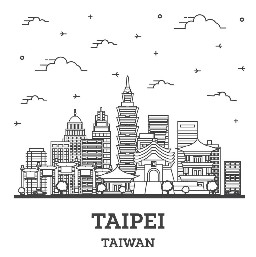 delinear el horizonte de la ciudad de taipei taiwán con edificios modernos aislados en blanco. vector