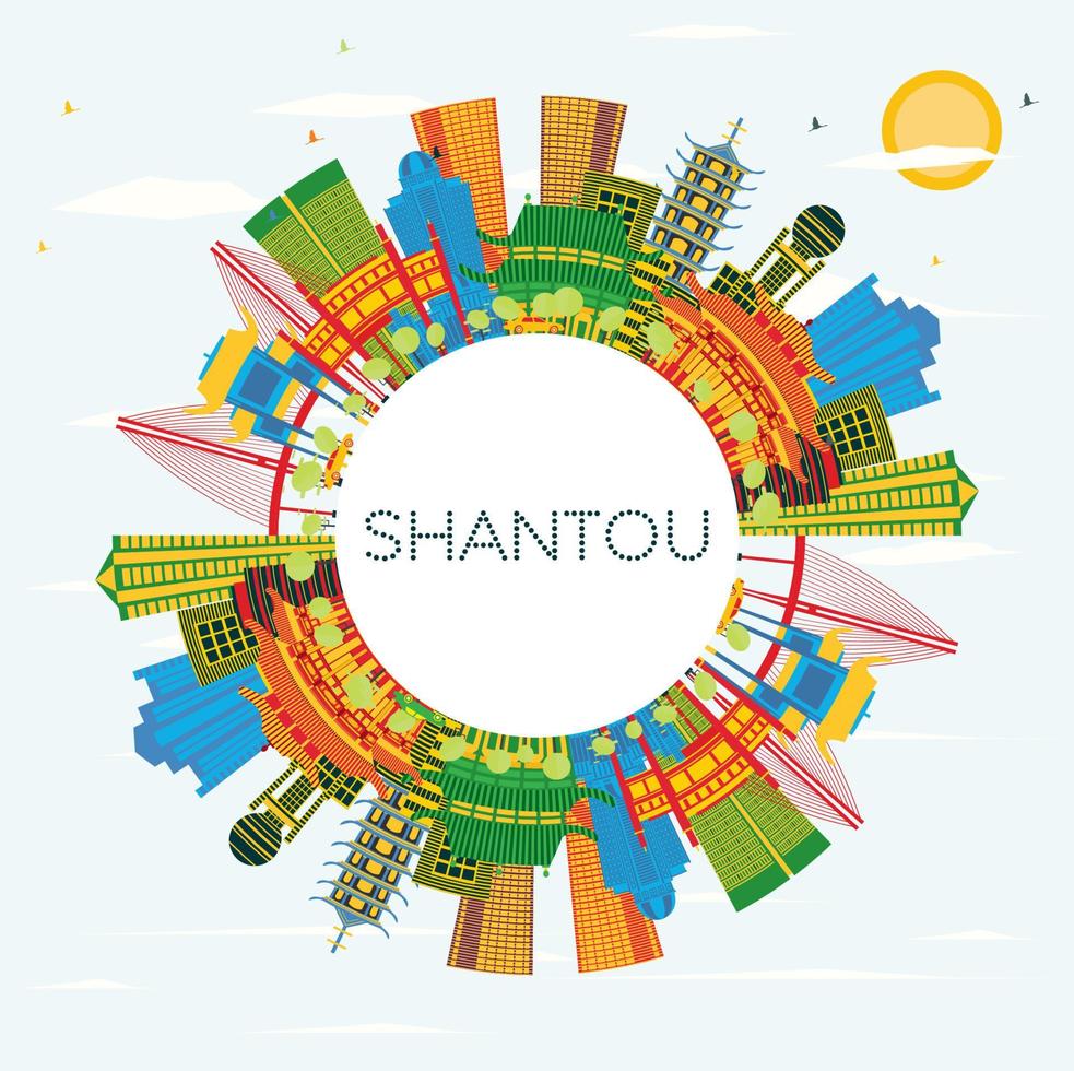Shantou China Skyline with Color Buildings, Blue Sky and Copy Space. vector