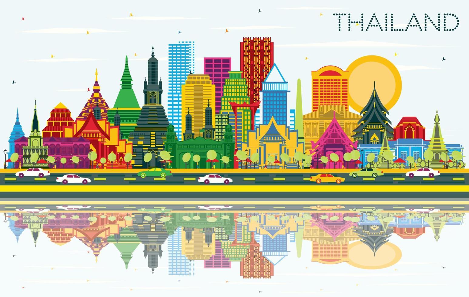 horizonte de la ciudad de tailandia con edificios de color, cielo azul y reflejos. vector