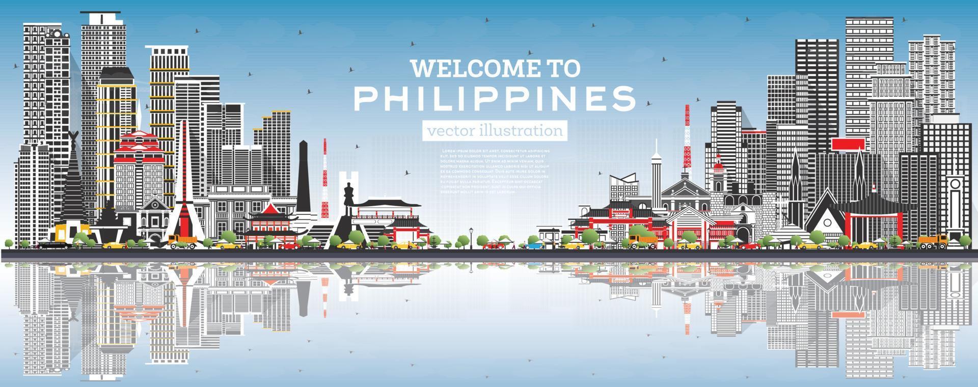 Welcome to Philippines City Skyline with Gray Buildings, Blue Sky and Reflections. vector