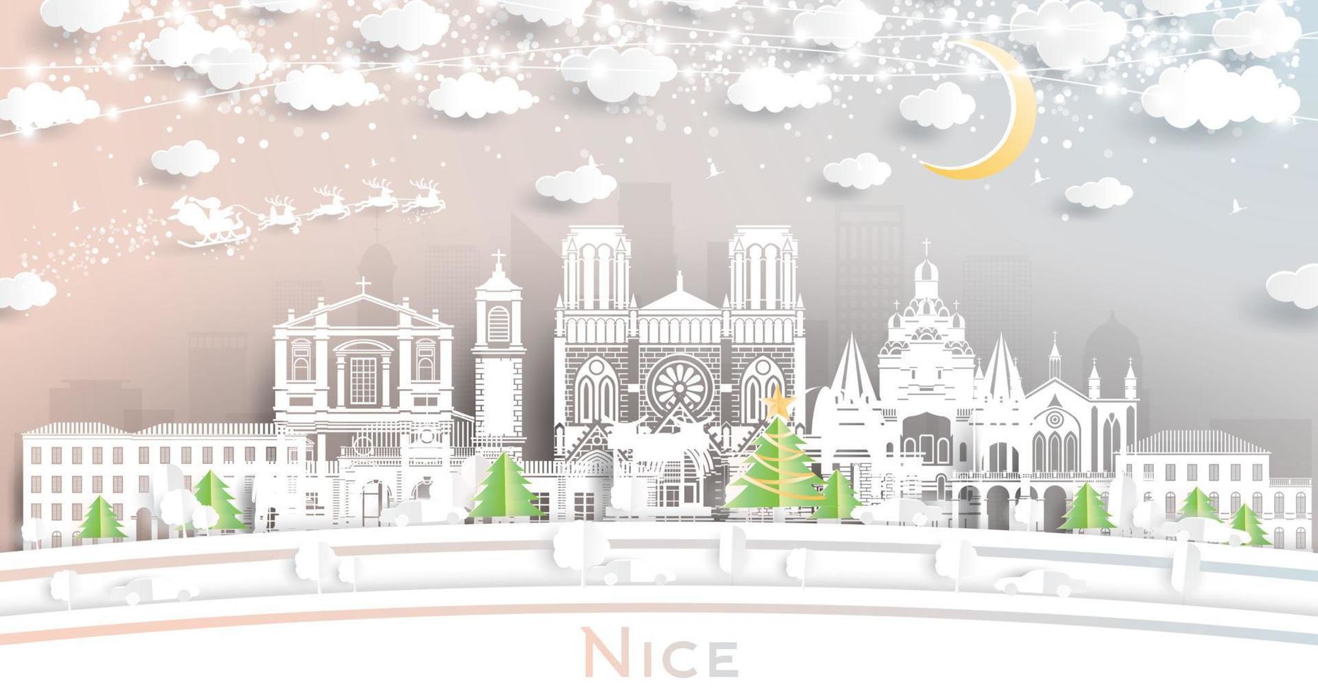 Nice France City Skyline in Paper Cut Style with Snowflakes, Moon and Neon Garland. vector