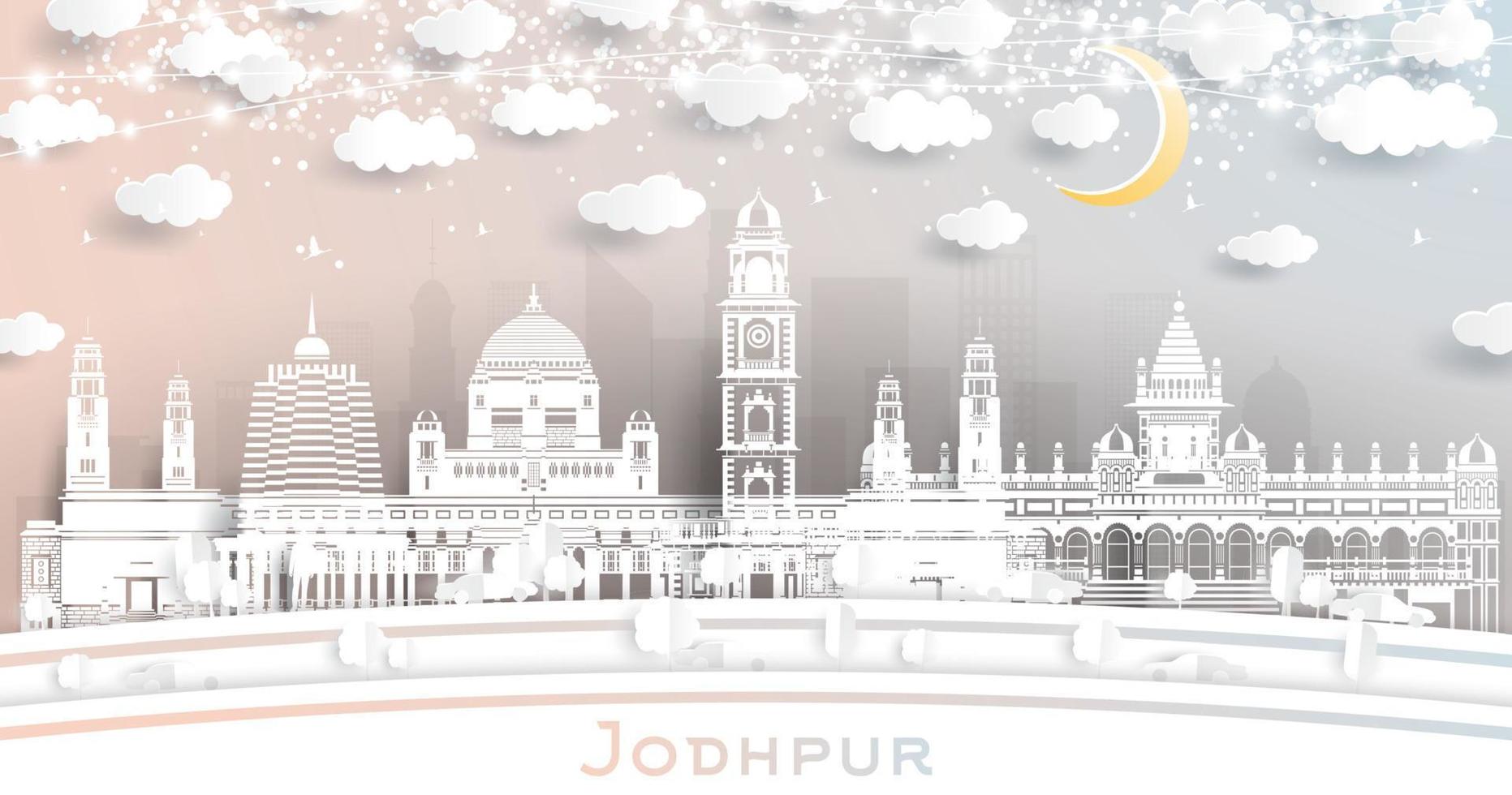 Jodhpur India City Skyline in Paper Cut Style with White Buildings, Moon and Neon Garland. vector