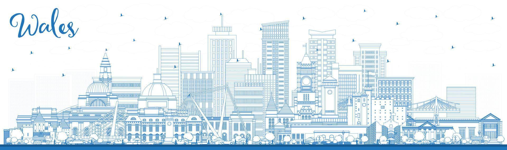 Outline Wales City Skyline with Blue Buildings. vector