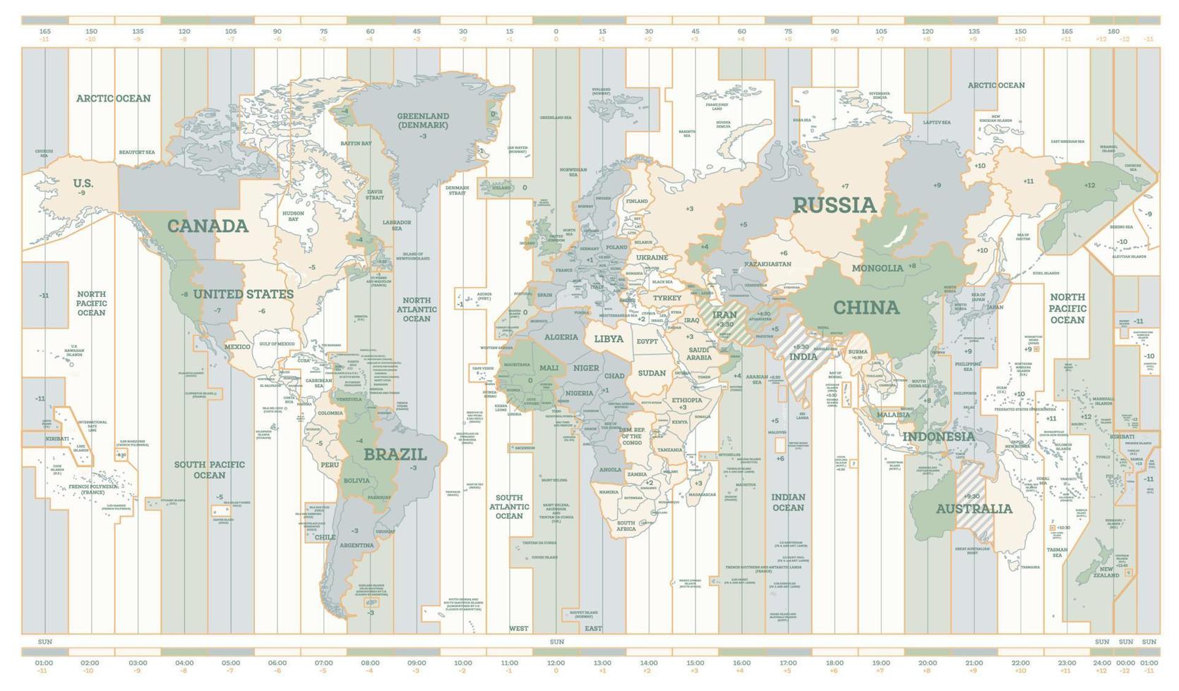 World Time Zones Map. Detailed World Map with Countries Names. vector