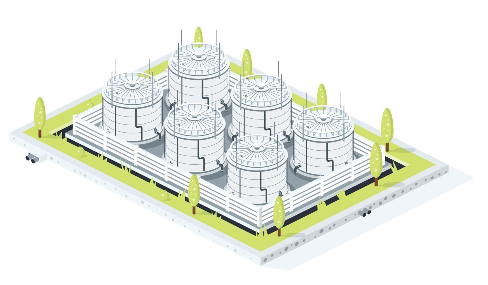 almacenamiento isométrico de gasolina, crudo o diésel. granja de tanques aislada sobre fondo blanco. vector
