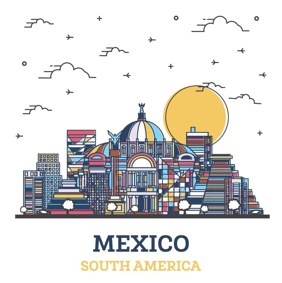 delinear el horizonte de la ciudad de México con edificios históricos de colores aislados en blanco. vector