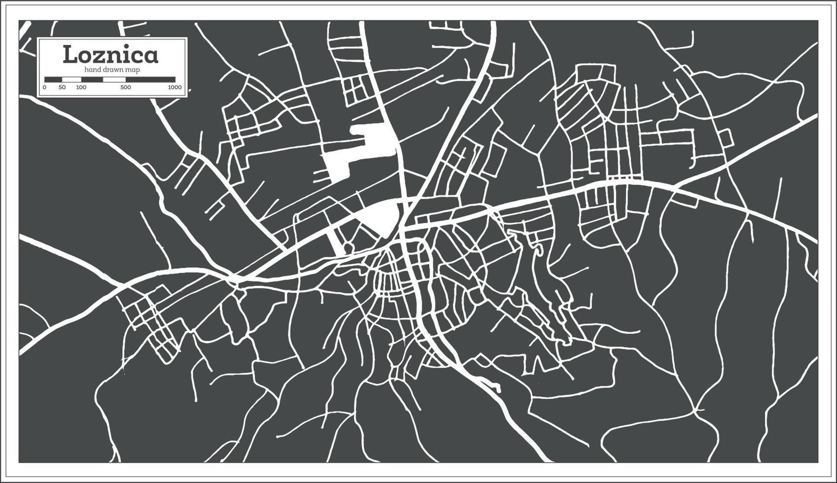 mapa de la ciudad de loznica serbia en color blanco y negro en estilo retro. vector