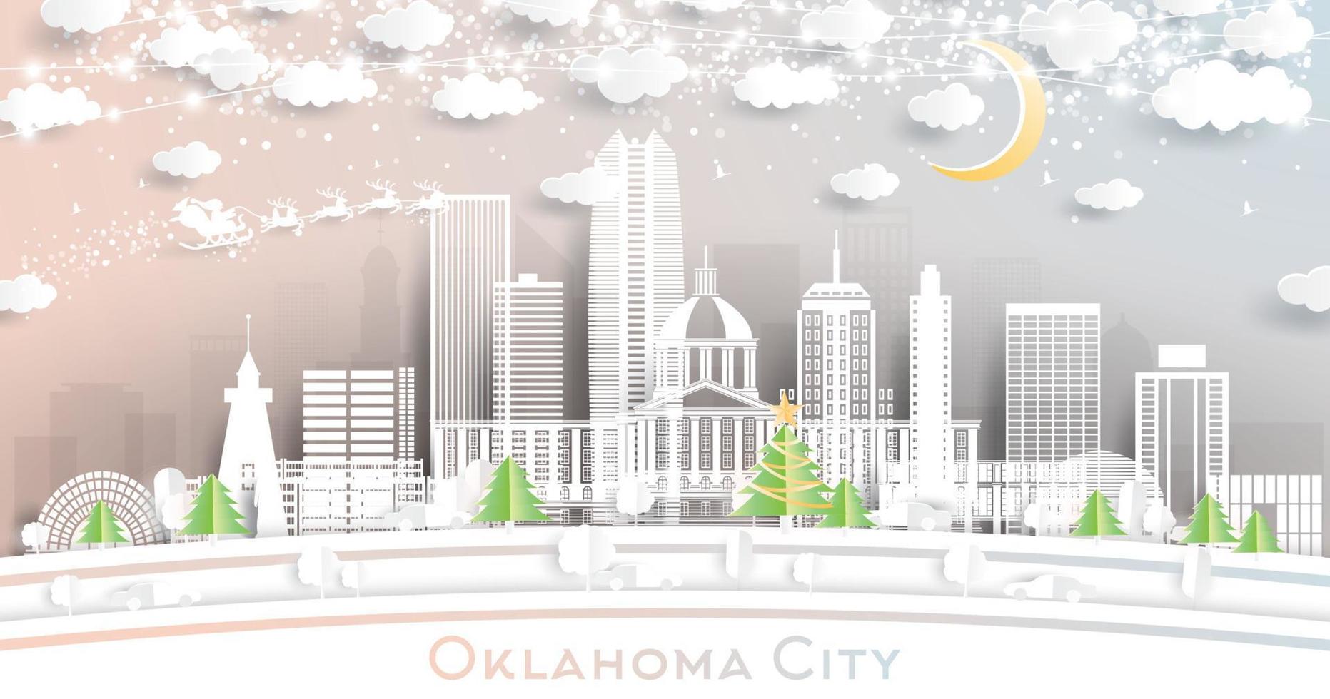 Oklahoma City City Skyline in Paper Cut Style with Snowflakes, Moon and Neon Garland. vector