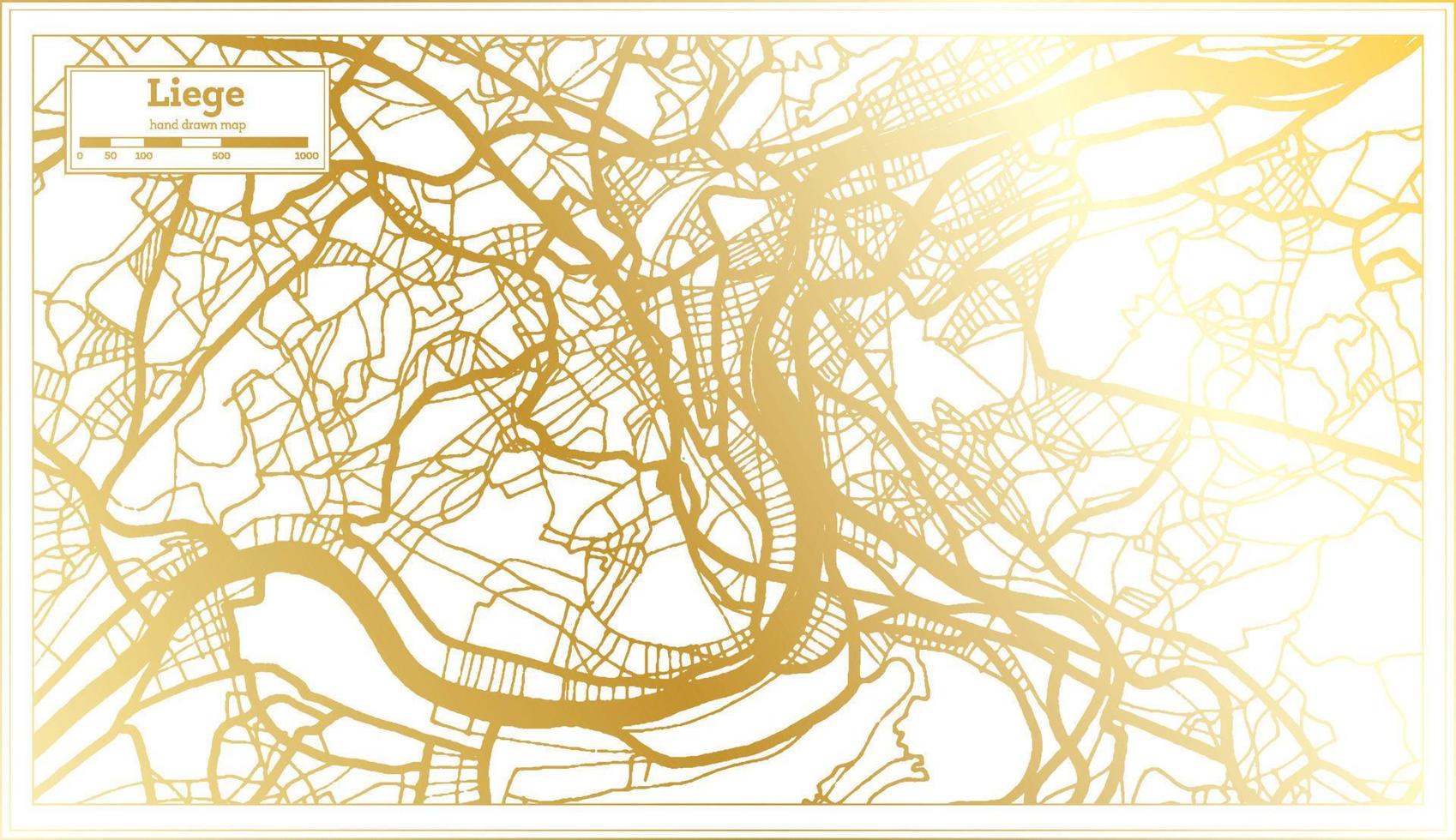 mapa de la ciudad de liege belgium en estilo retro en color dorado. esquema del mapa. vector