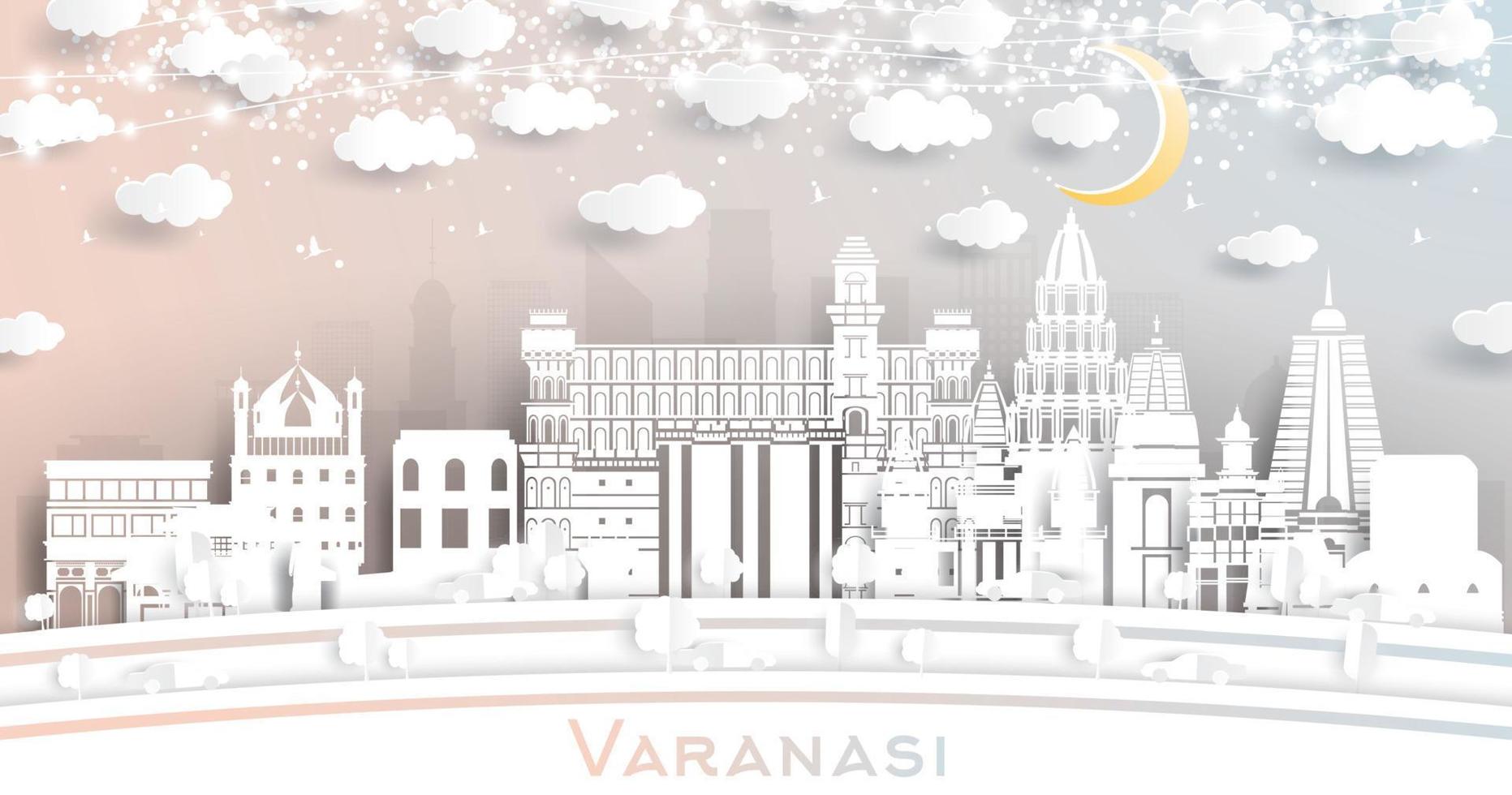 horizonte de la ciudad de varanasi india en estilo de corte de papel con edificios blancos, luna y guirnalda de neón. vector