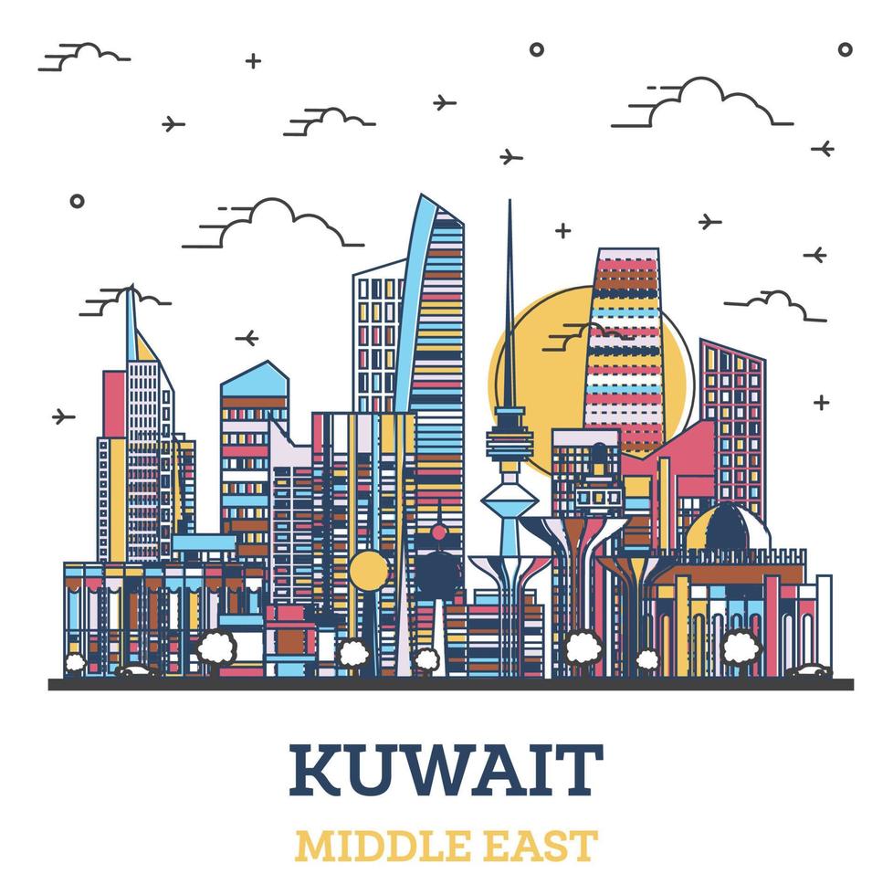 delinear el horizonte de la ciudad de kuwait con edificios modernos de colores aislados en blanco. vector