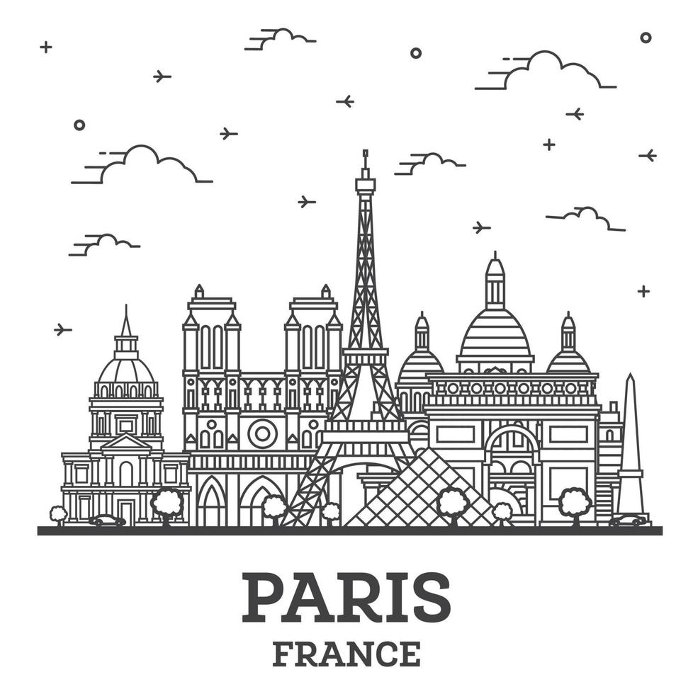 delinear el horizonte de la ciudad de parís francia con edificios históricos aislados en blanco. vector