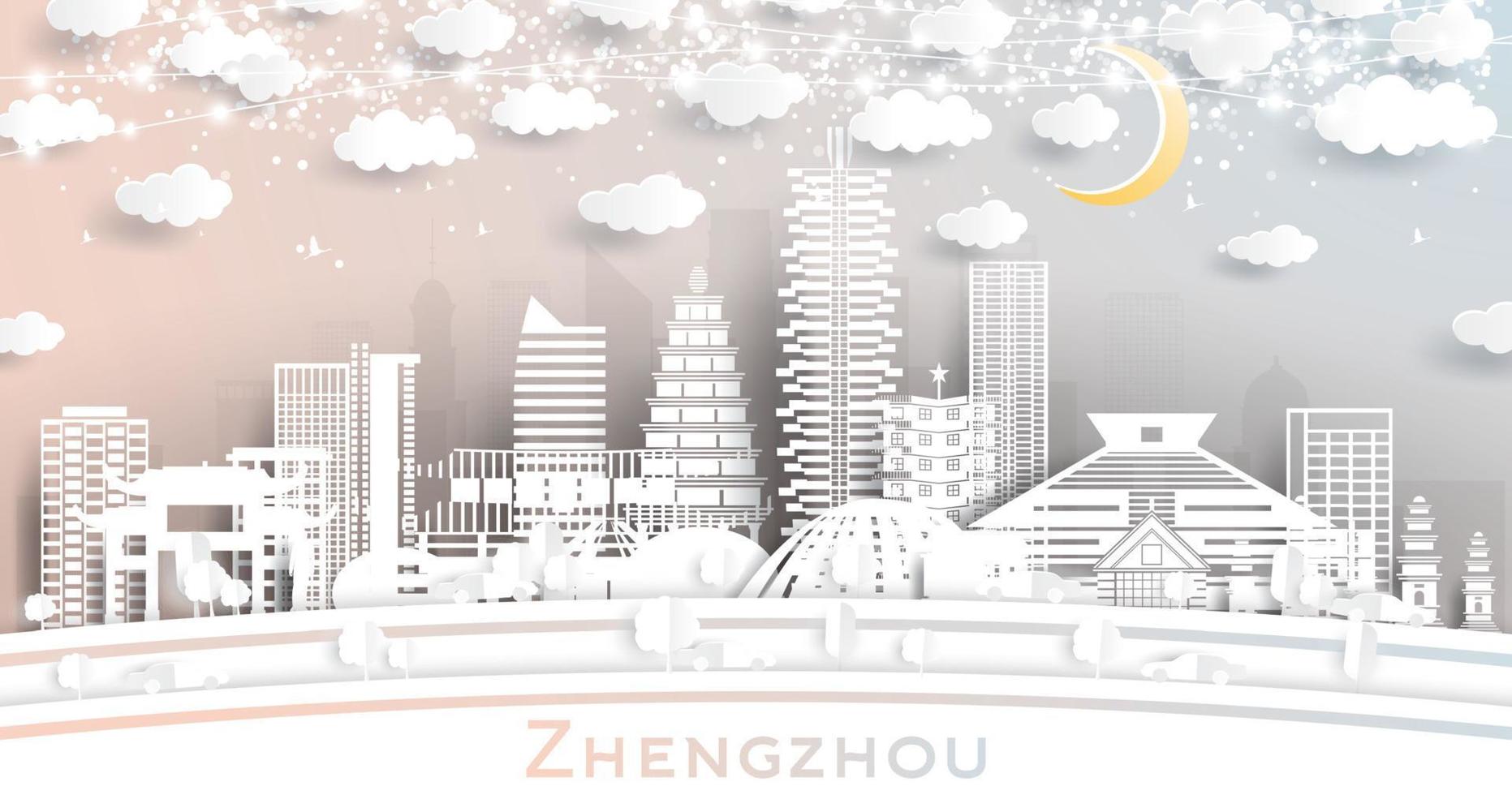 Zhengzhou China City Skyline in Paper Cut Style with White Buildings, Moon and Neon Garland. vector