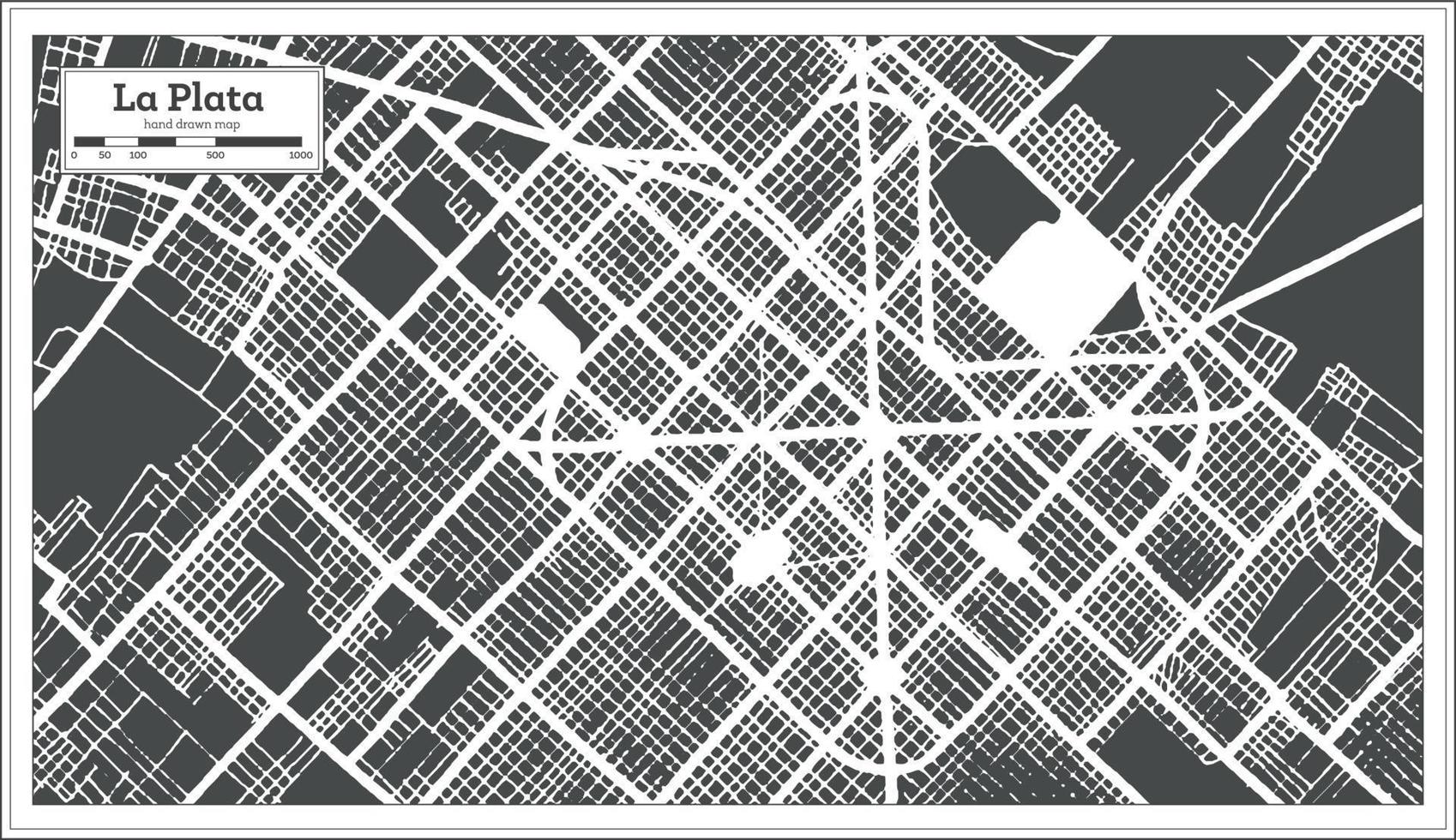 mapa de la ciudad de la plata argentina en color blanco y negro en estilo retro. esquema del mapa. vector