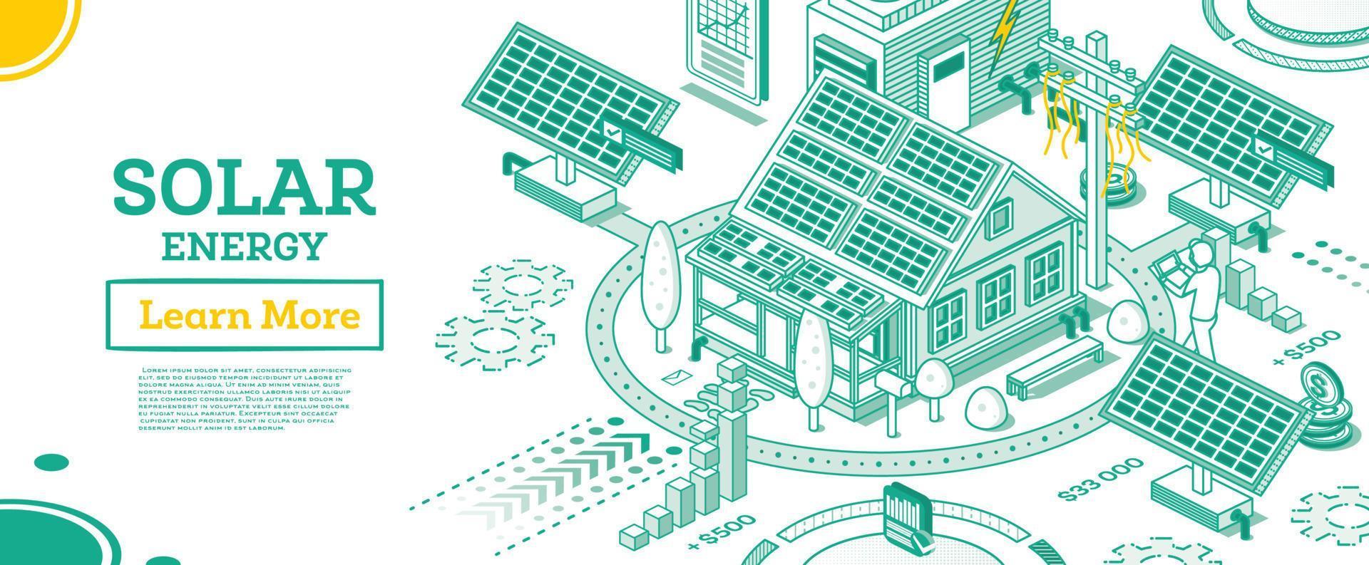 Solar Energy Panels on the Roof of House. Renewable Green Energy Isometric Concept Isolated on White Background. vector