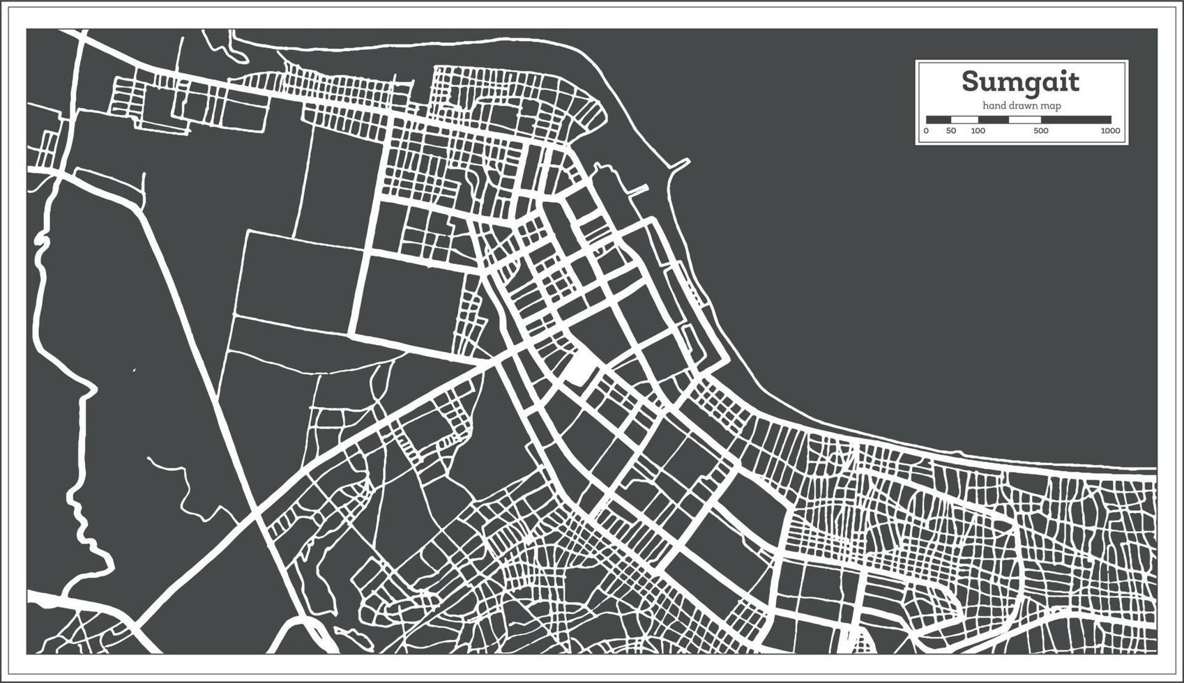 mapa de la ciudad de sumgait azerbaiyán en color blanco y negro en estilo retro. esquema del mapa. vector