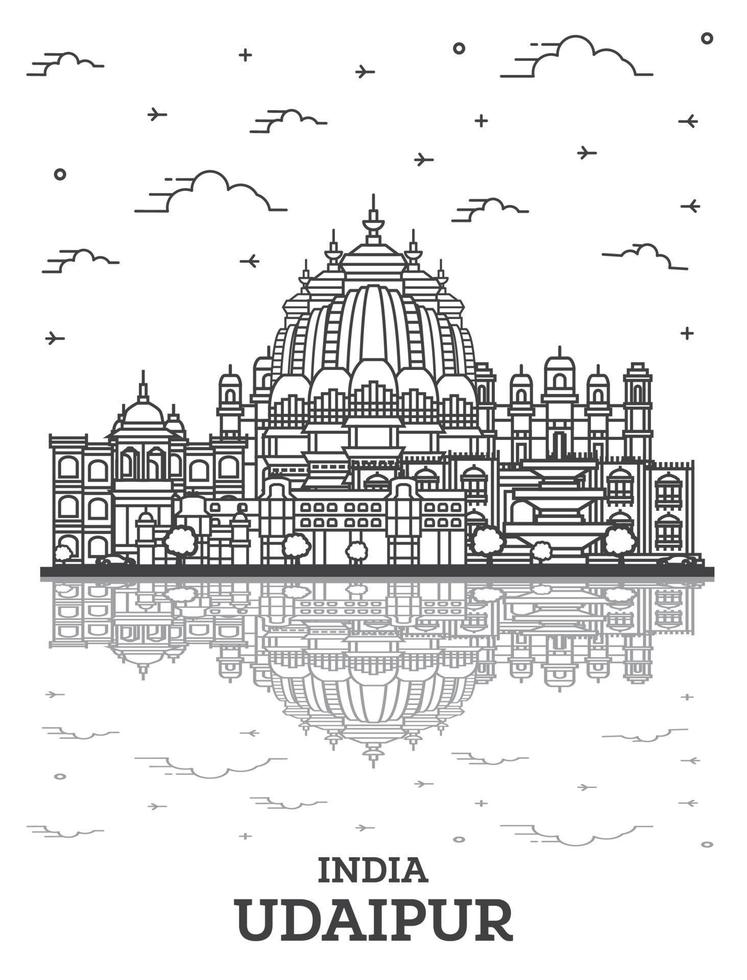 delinear el horizonte de la ciudad de udaipur india con edificios históricos y reflejos aislados en blanco. vector